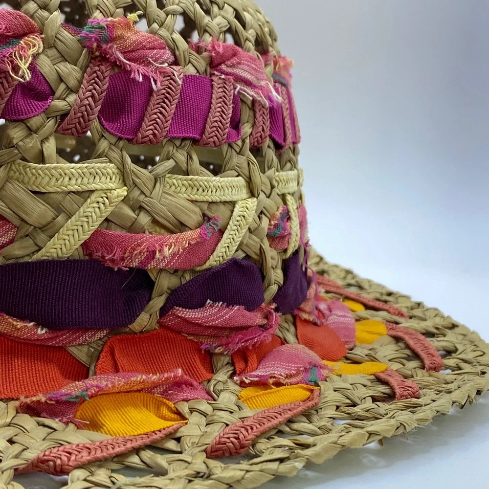 Vintage Boho Retro Multicolor Straw Bucket Hat Woven Made in Italy Shabby Chic